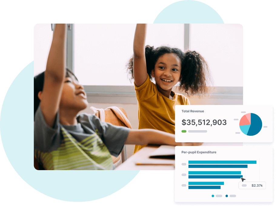 Photograph of two smiling children in a classroom with their hands raised. Two example finance graphs with mock-up data are overlaid on top of the bottom righthand corner.